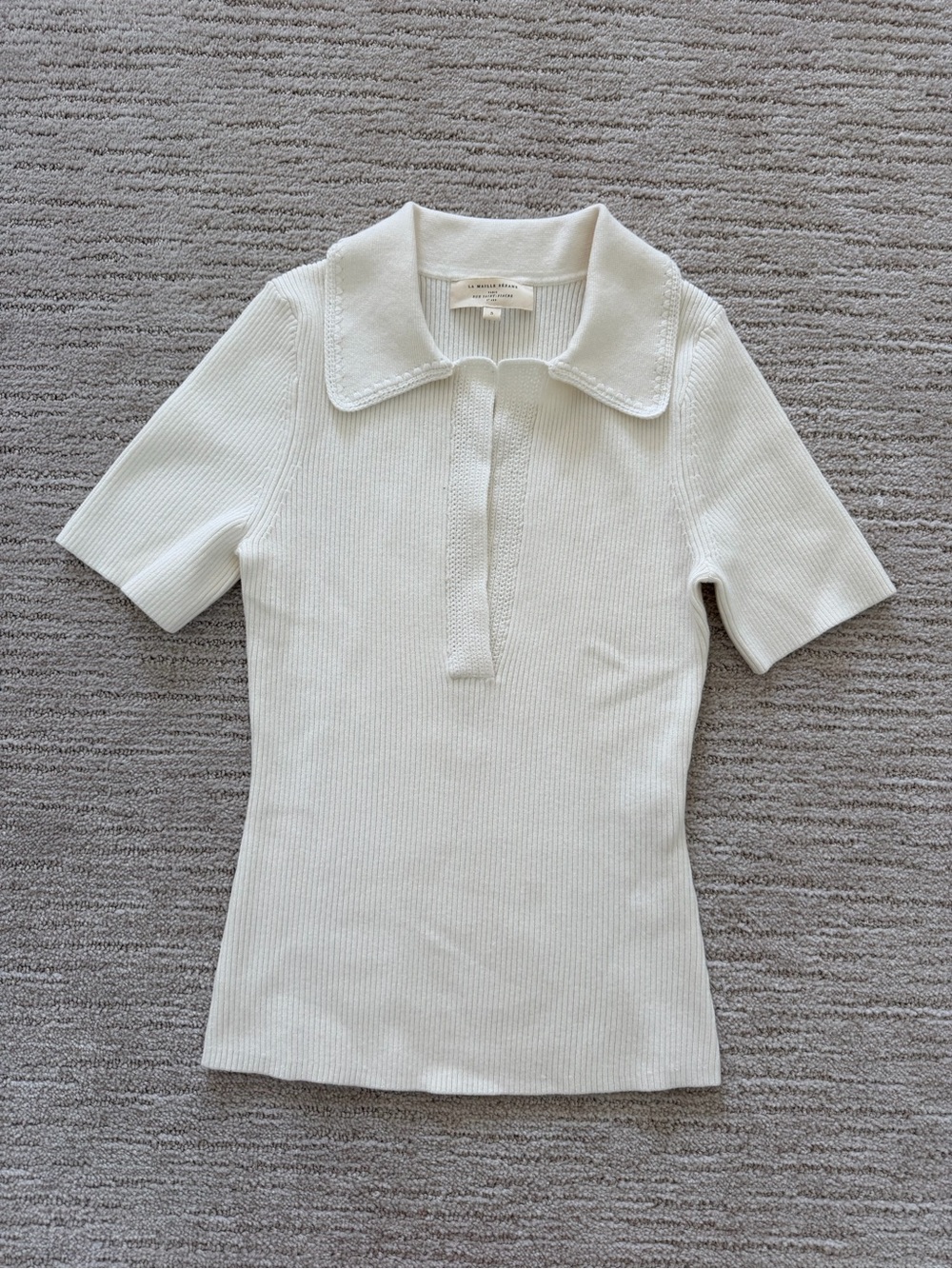 Sezane Cream Ribbed Short-Sleeve Polo Knit
